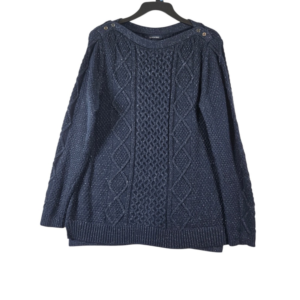 Lands' End Cable Knit Sweater Womens Medium Blue Silver Metallic Sparkle Knit